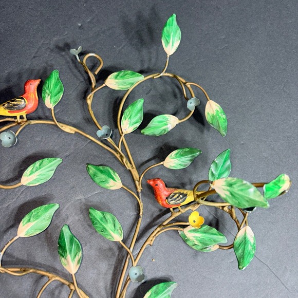 Vtg Toleware Birds on Branch Wall Art Candle Holders Red Songbirds Green Leaves - Picture 4 of 16